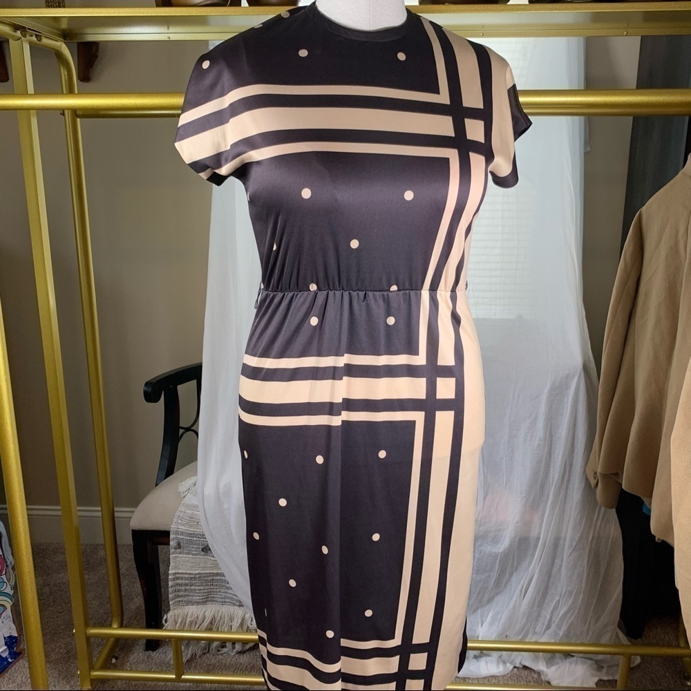 Lady Carol vintage retro brown tan short sleeve sheath dress M - Picture 6 of 9